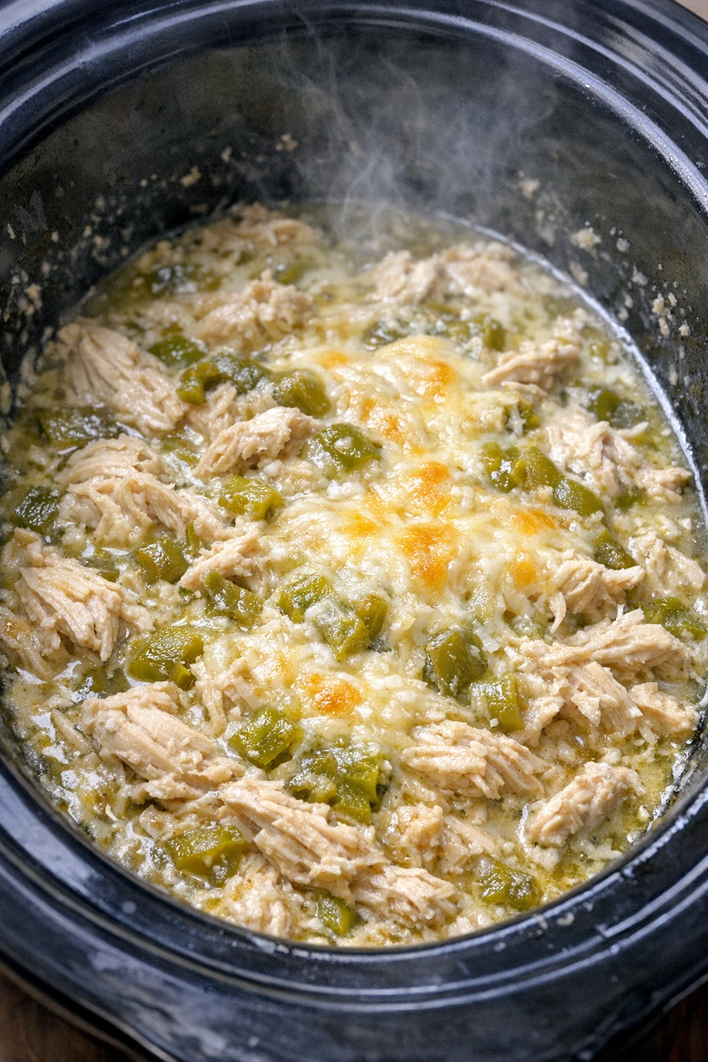 Slow cooker creamy Hatch chile chicken in a black slow cooker
