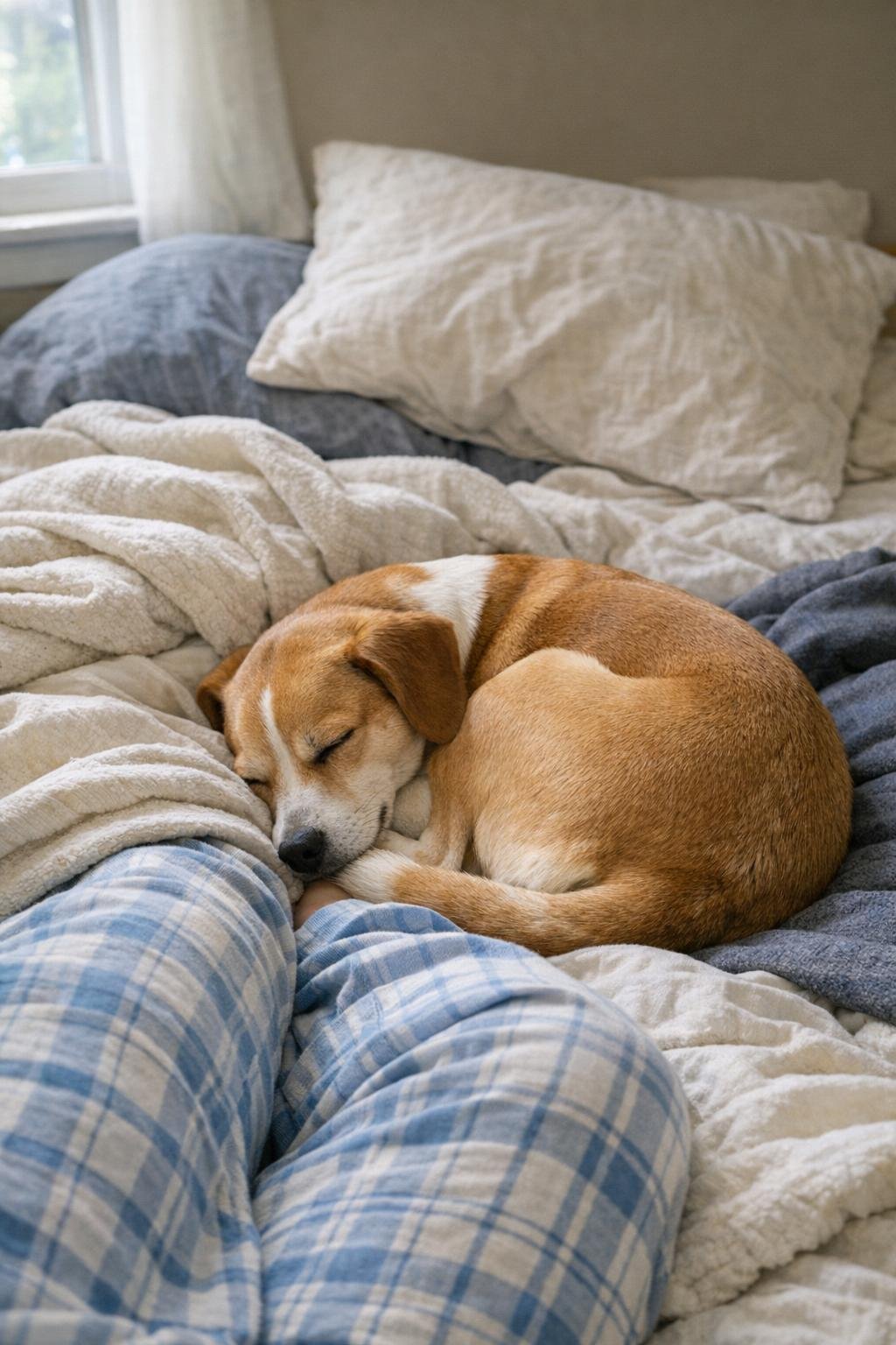 A calm dog curled up close to familiar bedding and legs