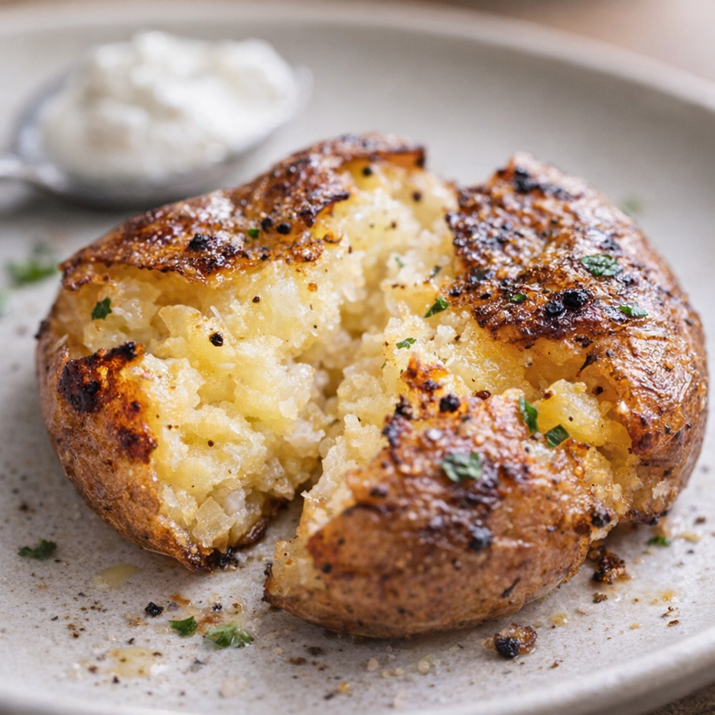 Close-up of one crispy smashed potato split open