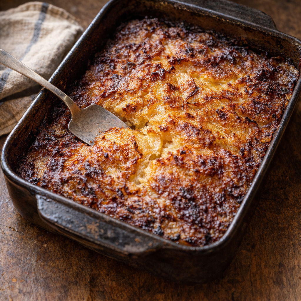 Rustic potato bake in a worn baking dish on a modest kitchen table
