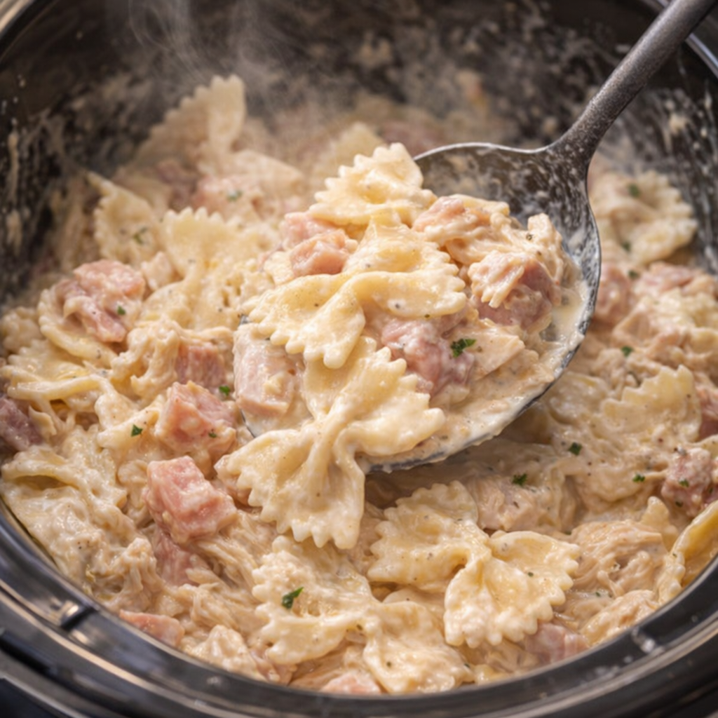 Bowtie pasta folded into the creamy chicken cordon bleu mixture