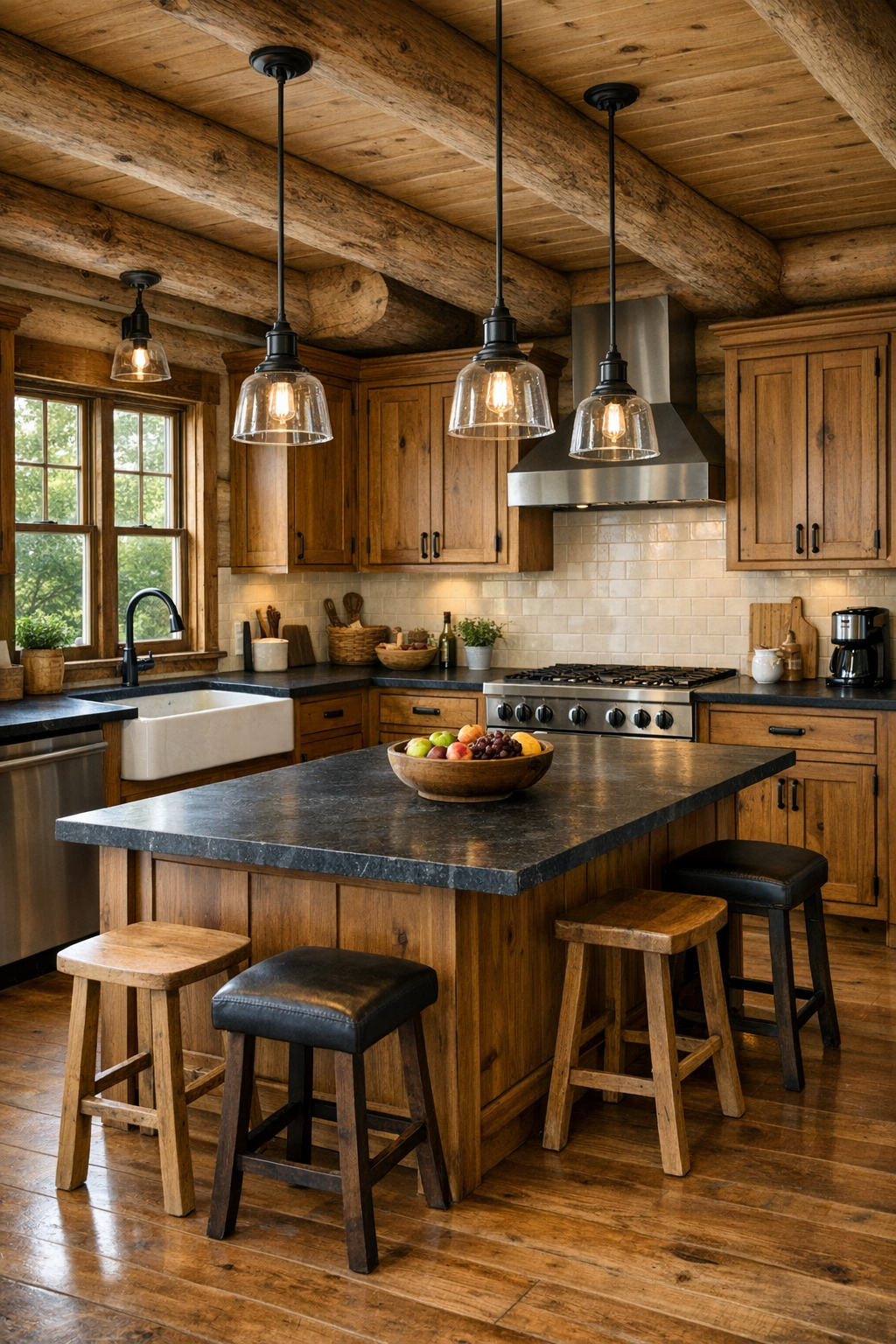Rustic refined kitchen with Amish-crafted cabinets, stone counters, and an island for family gatherings
