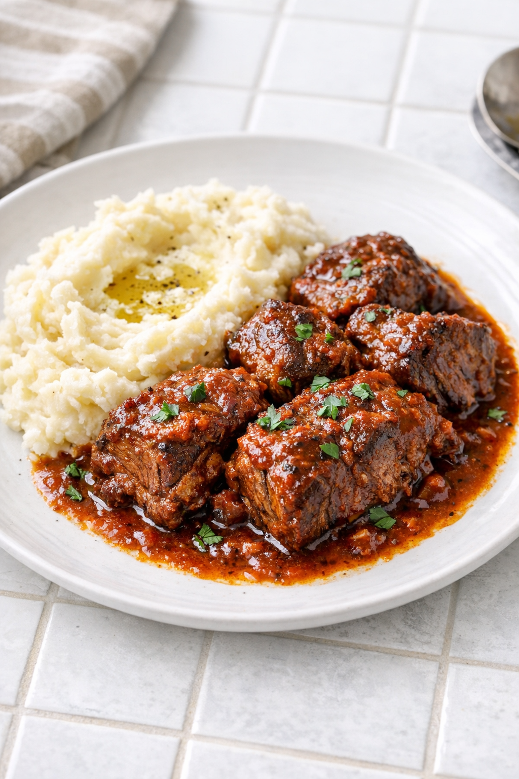 Finished tomato paste beef short ribs plated with gravy