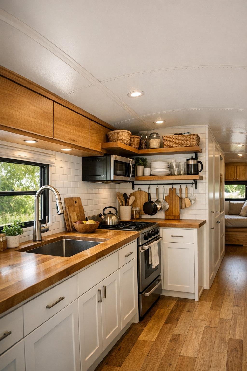 Warm galley kitchen inside the converted bus with white cabinets, butcher-block counters, and stacked tile