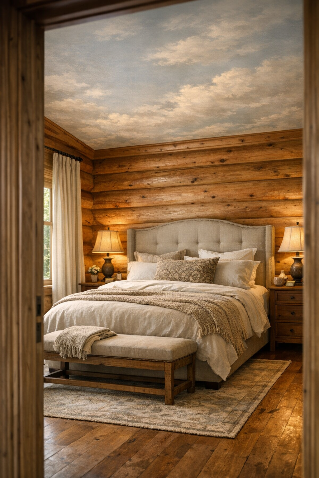 Peaceful bedroom with upholstered bed, layered neutral bedding, and cedar walls