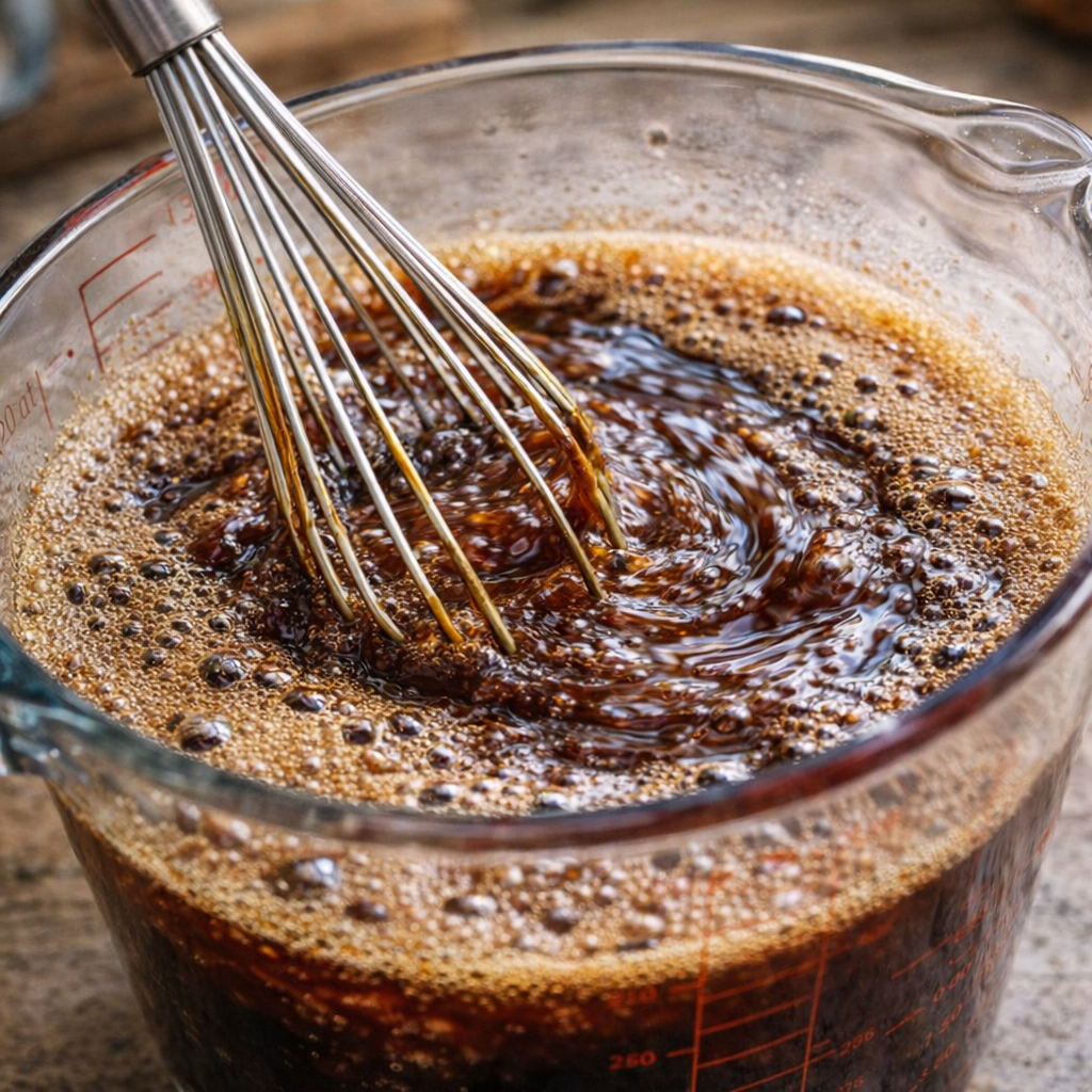 Barbecue sauce and cola being whisked together