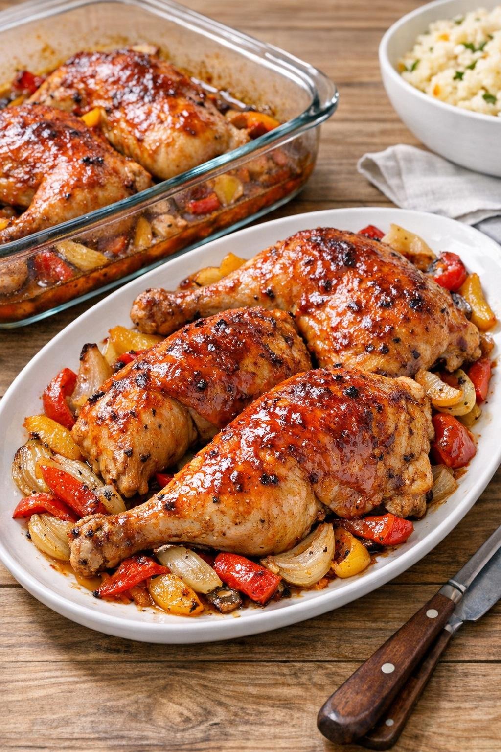 Finished baked chicken leg quarters on a platter