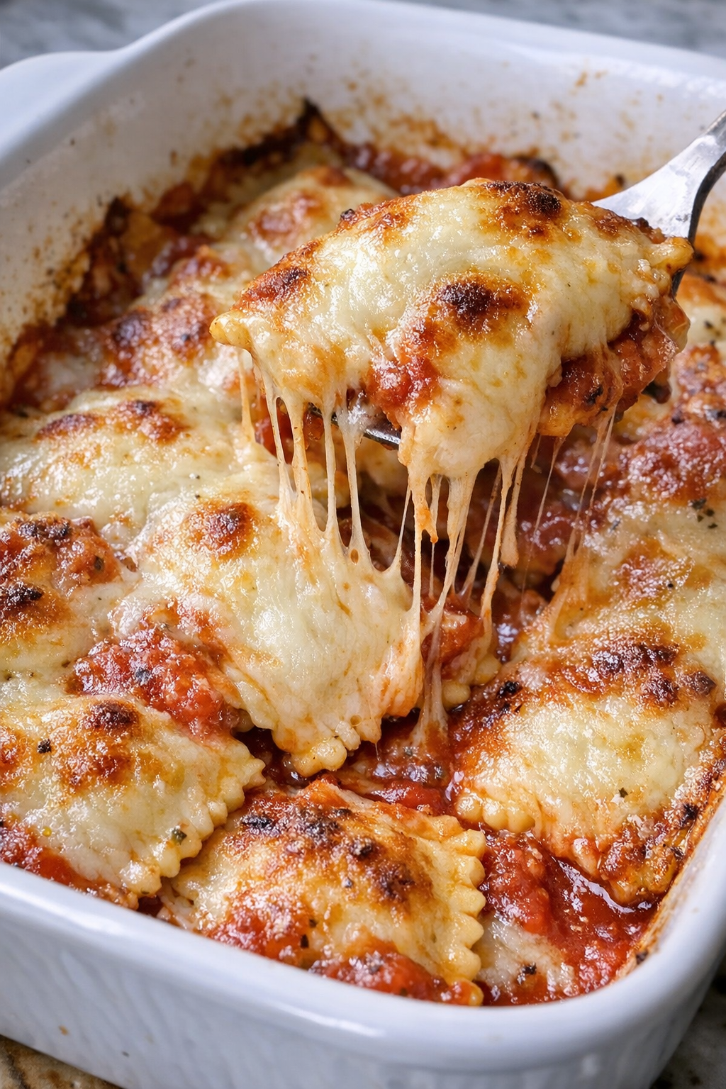 Golden cheesy baked ravioli in a white casserole dish