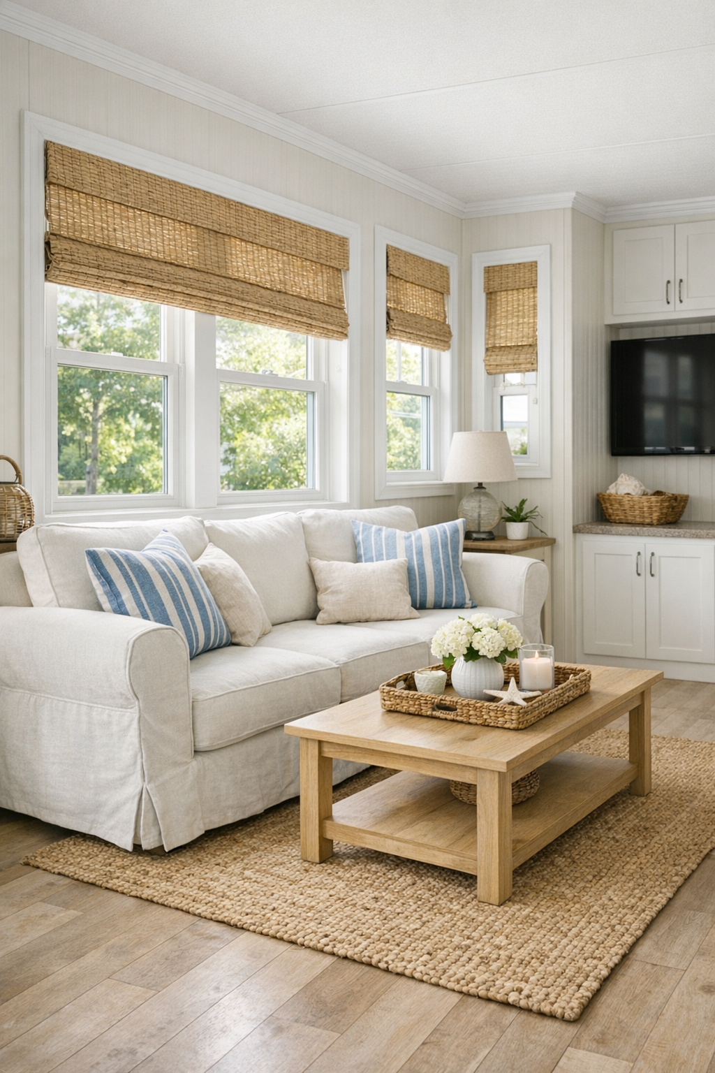 Bright coastal living room with a light sofa, woven textures, and warm wood floors