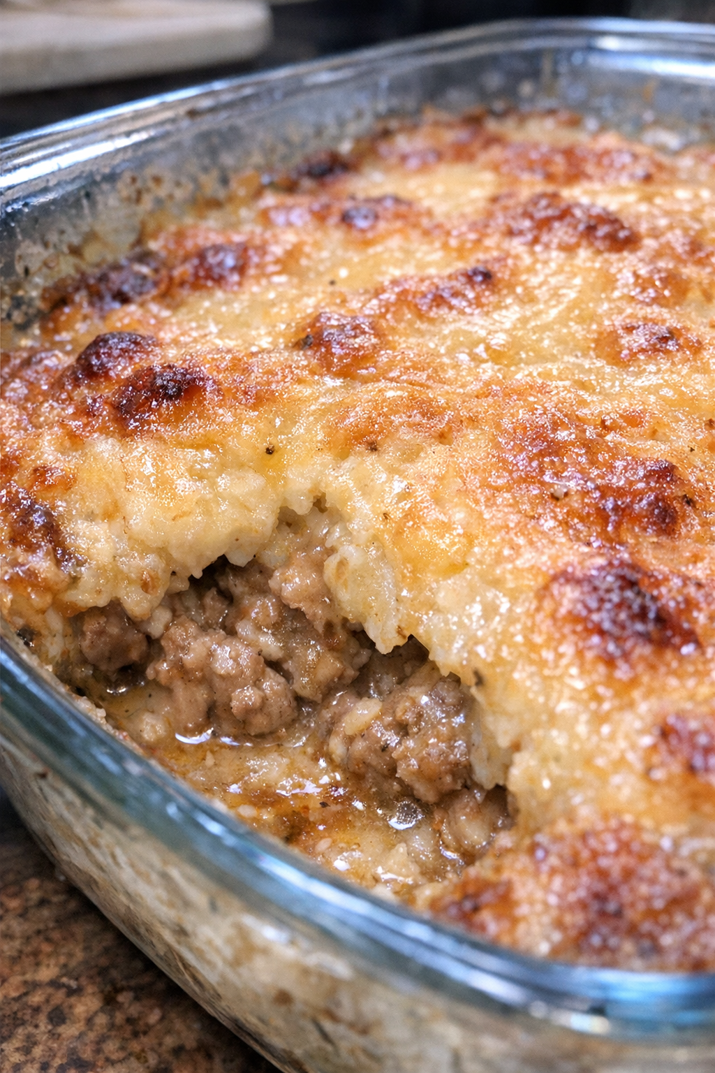 Bubbling concealed protein bake in a glass casserole dish