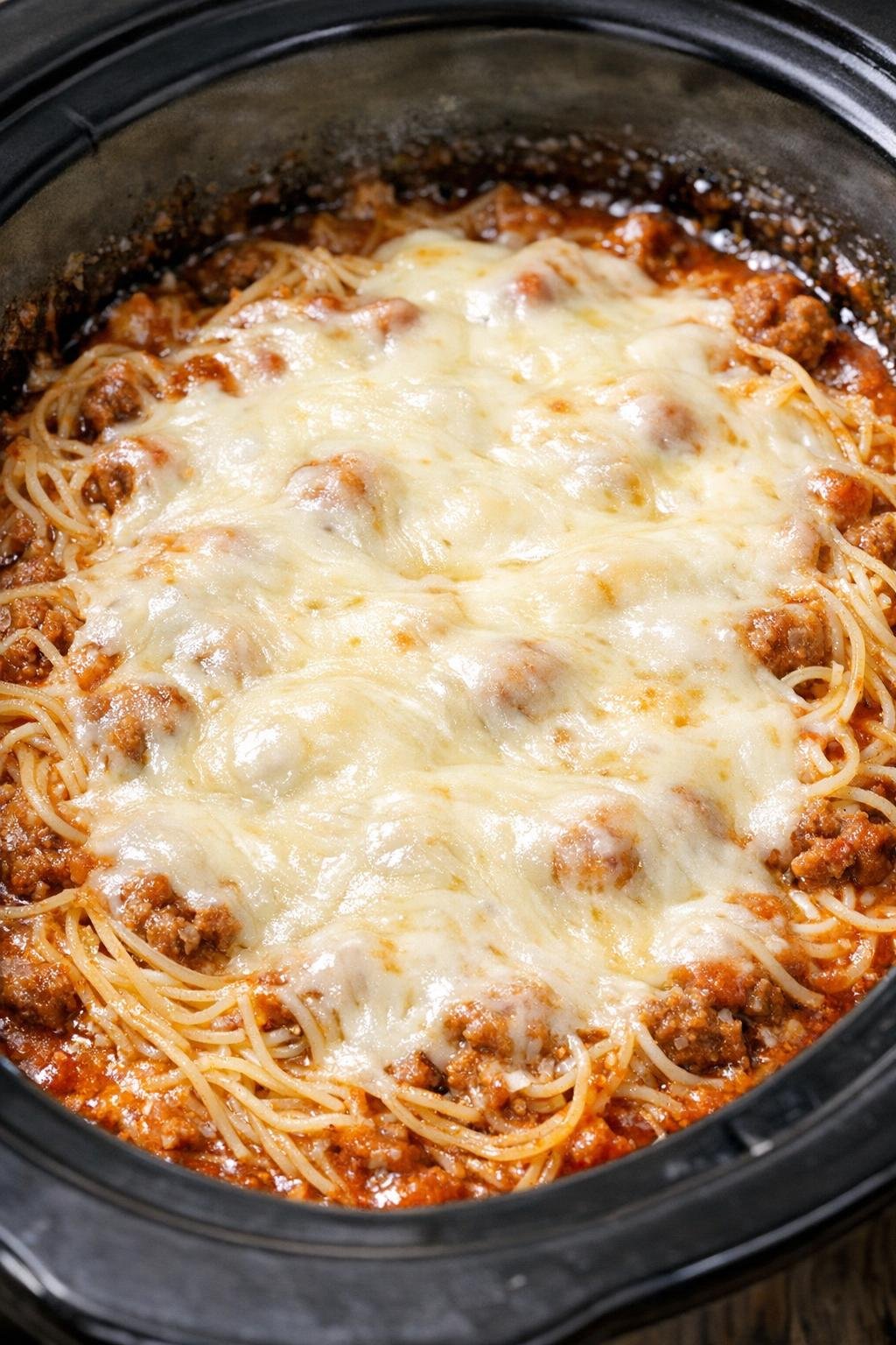 Gesmolten mozzarella over gekookte pasta in een slowcooker.