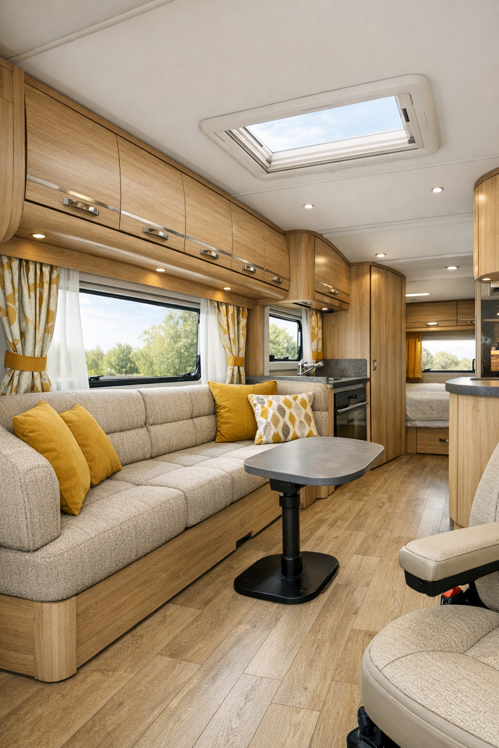 Accessible RV living room with oatmeal seating and warm wood finishes