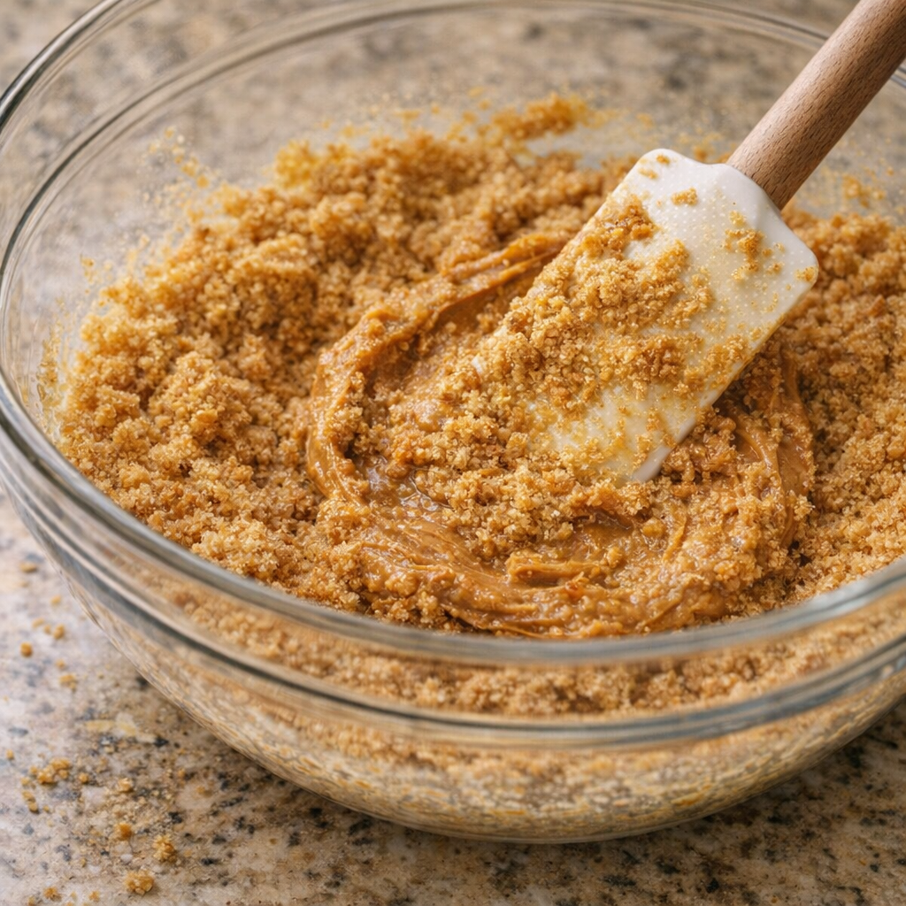 Peanut butter crumb mixture being stirred in a bowl