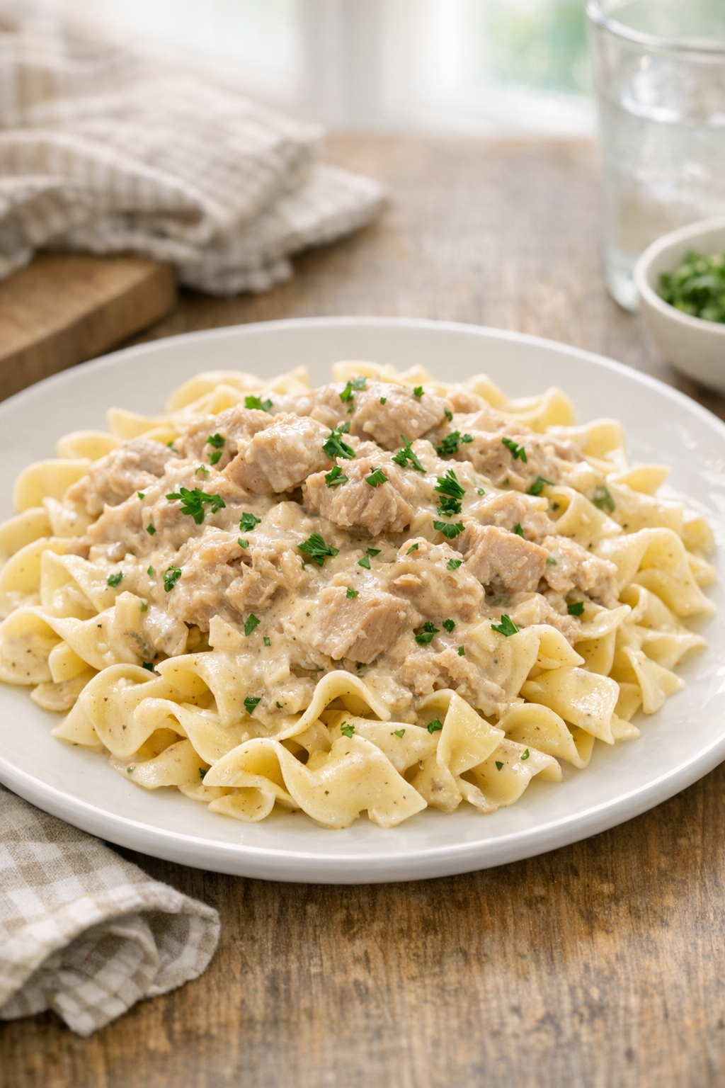Finished slow cooker tuna served over noodles