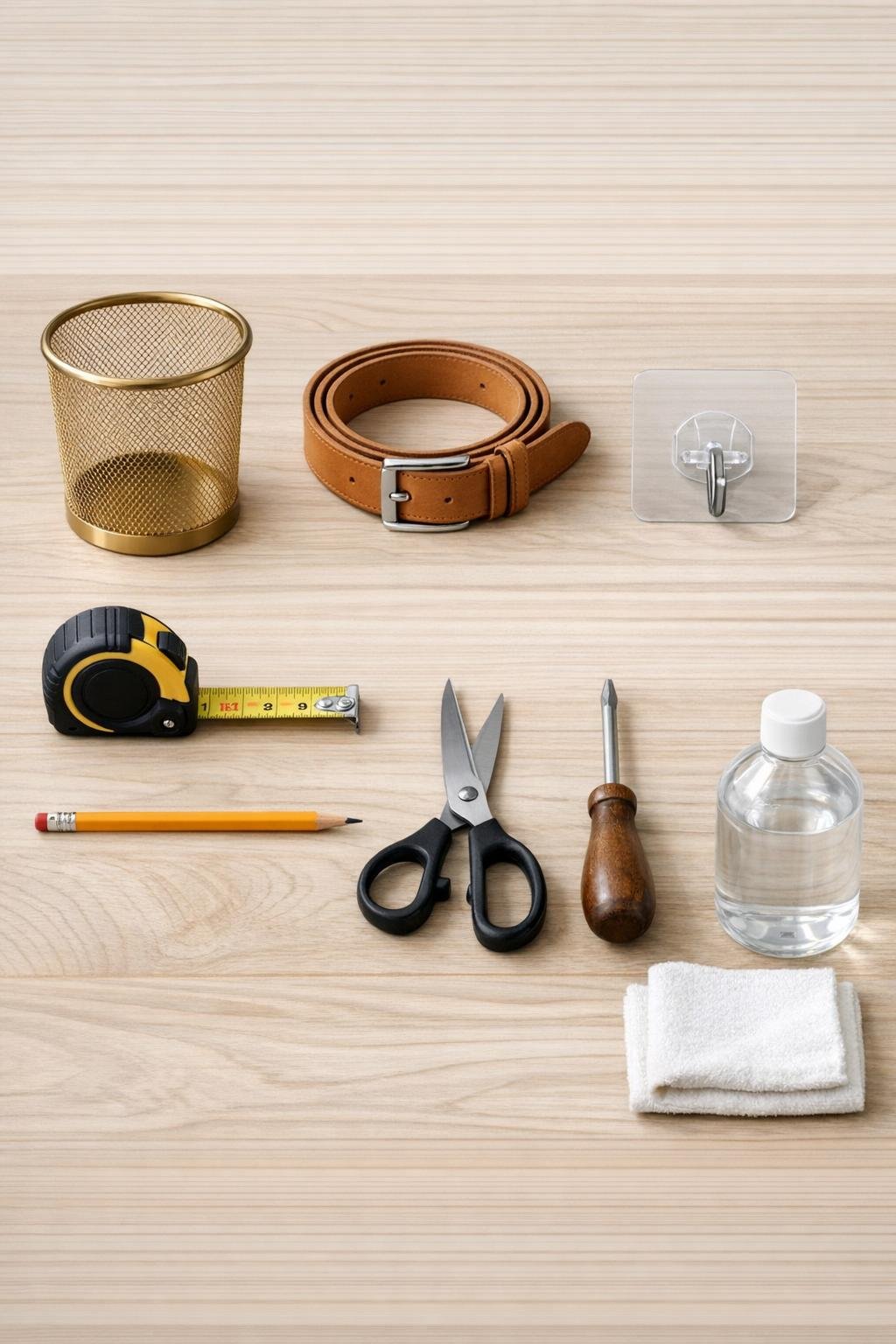 Materials for a wall-mounted laundry room lint bin laid out neatly