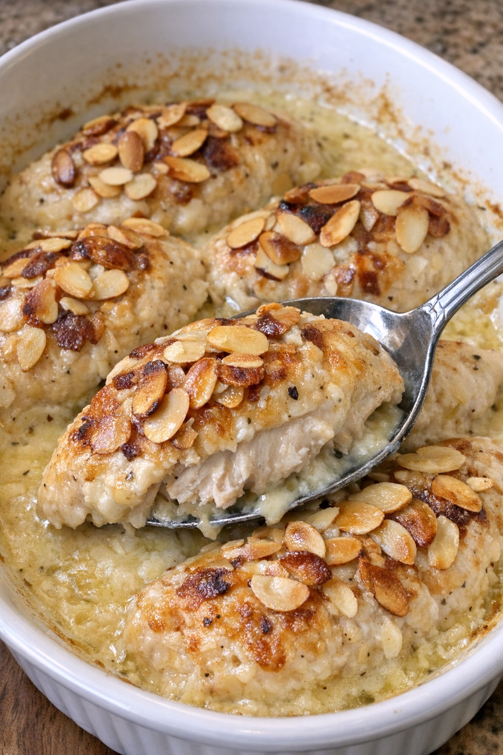 Golden chicken breasts with sliced almonds in creamy sauce