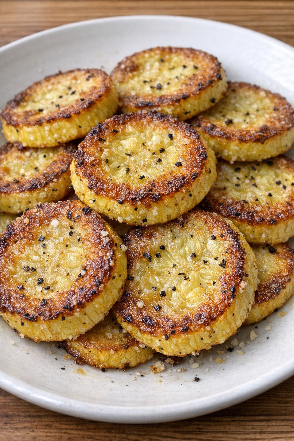 Finished fried summer squash plated on a white dish