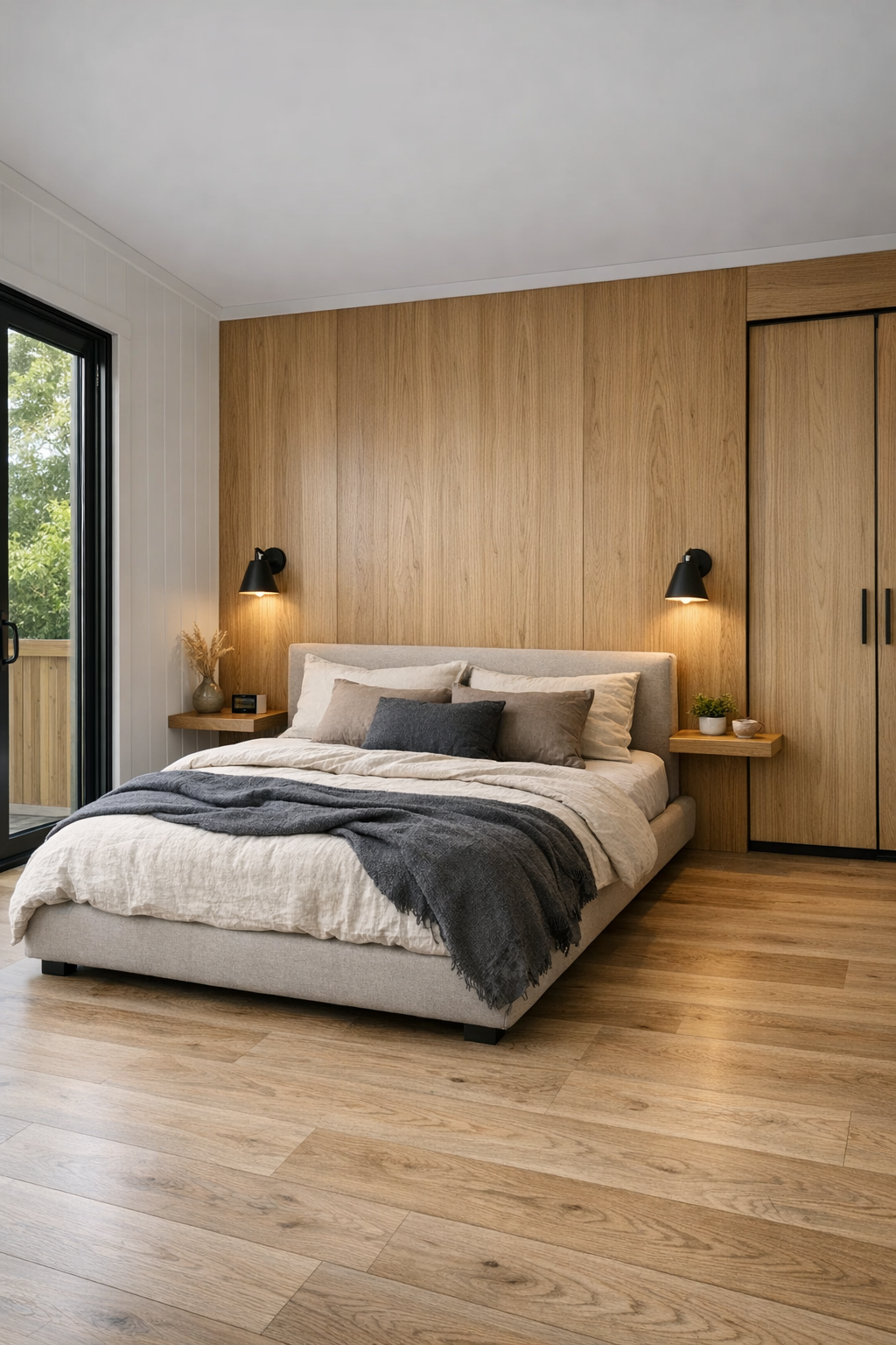Serene bedroom with oak panel wall, upholstered bed, and layered neutral textiles