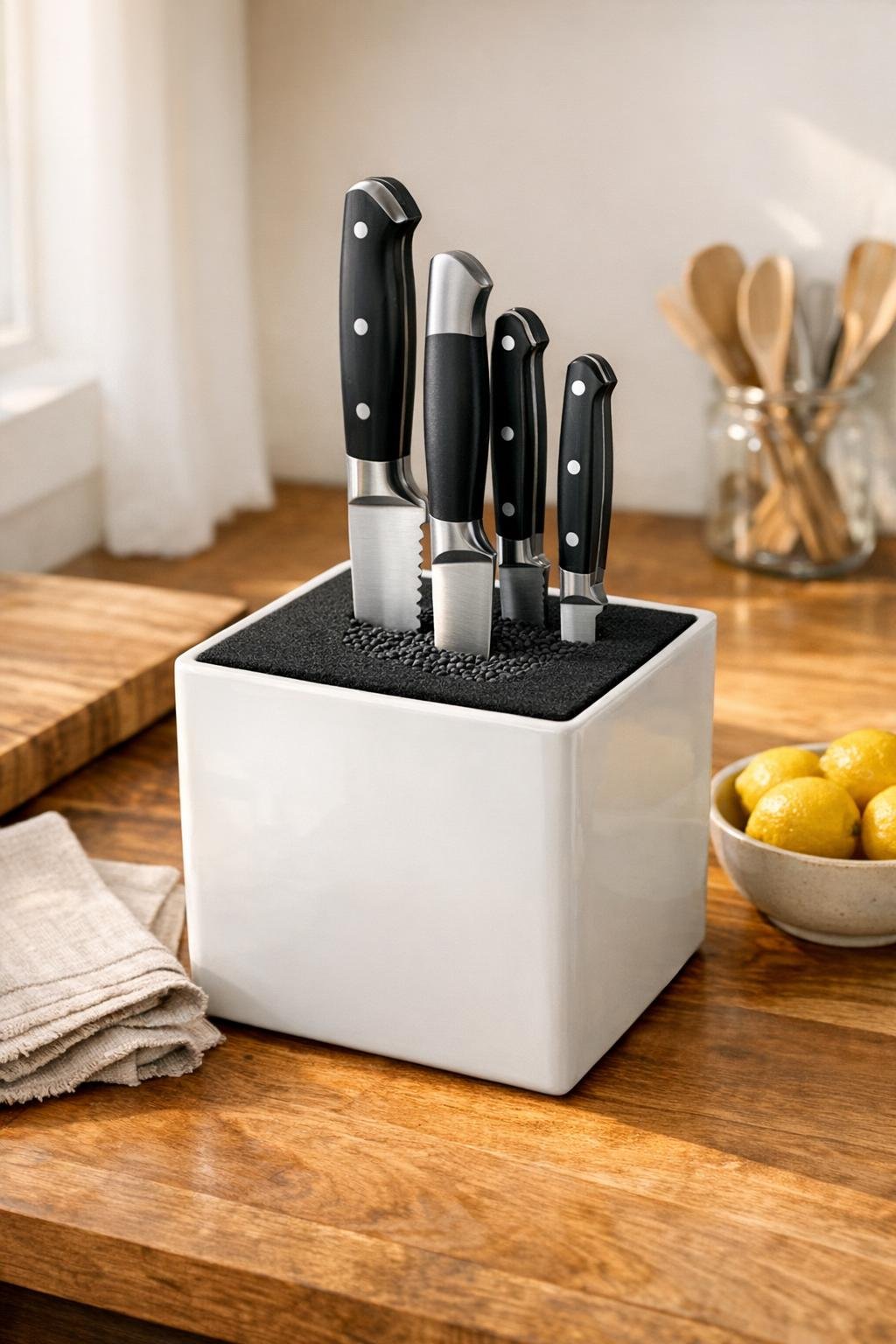 Finished ceramic planter knife block with knives on a styled kitchen counter