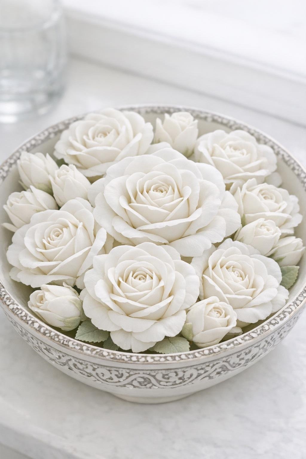 Finished white soap clay roses and rosebuds arranged as bowl fillers