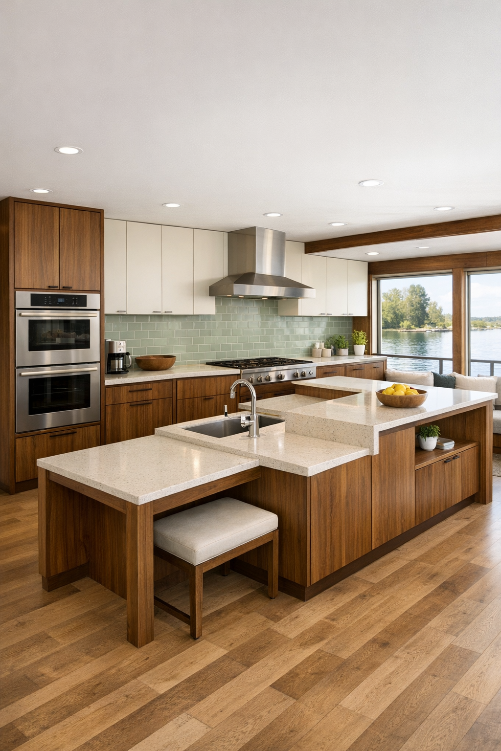 Accessible mid-century kitchen with walnut cabinets and pale quartz island