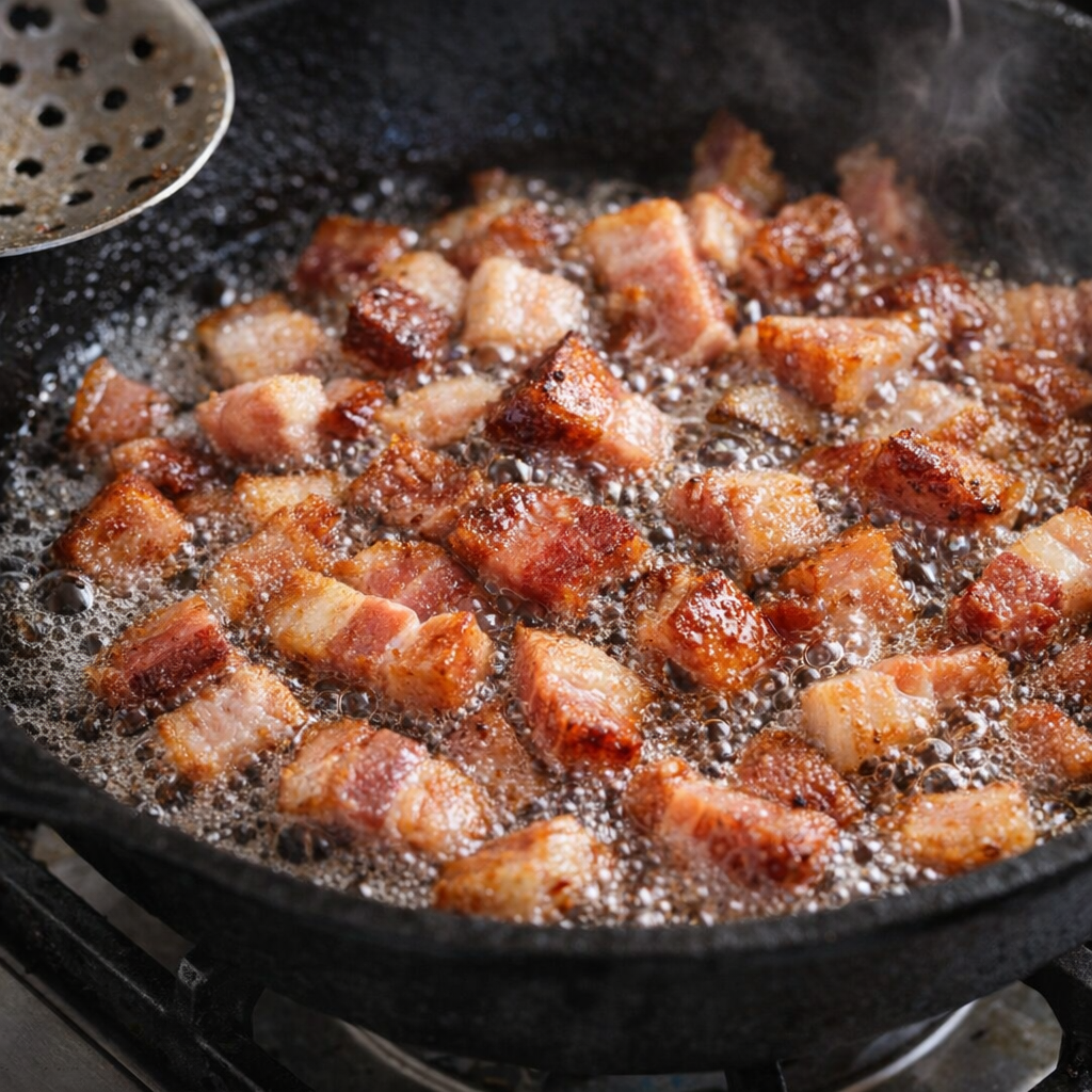 Chopped bacon crisping in a skillet