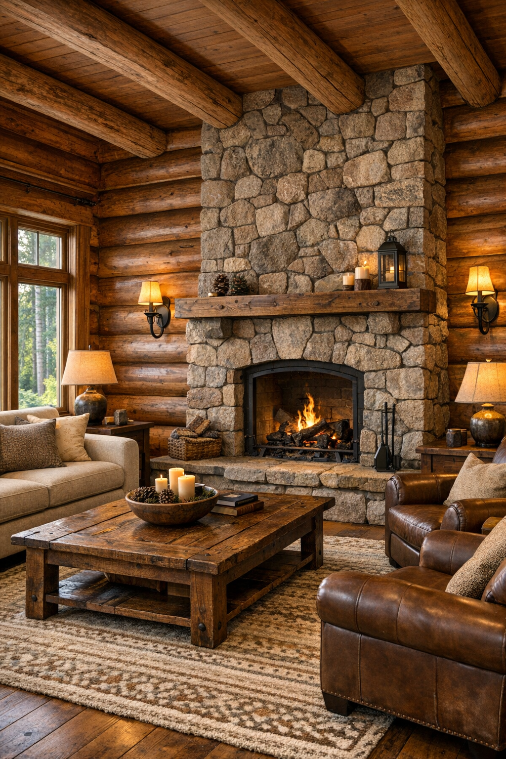 Warm log living room with stone fireplace and rustic seating
