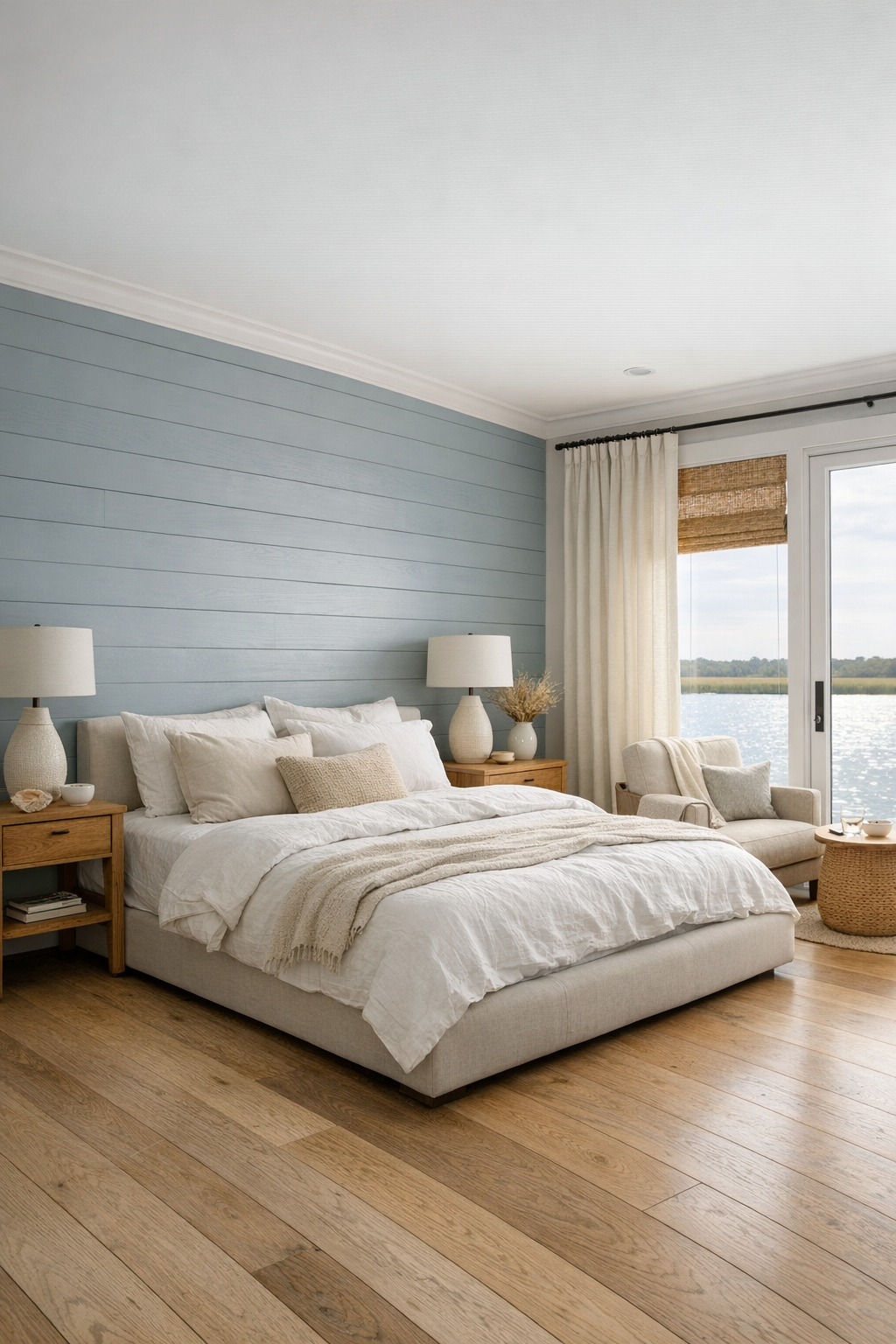 Serene coastal bedroom with linen bed, pale blue-gray paneling, and woven textures