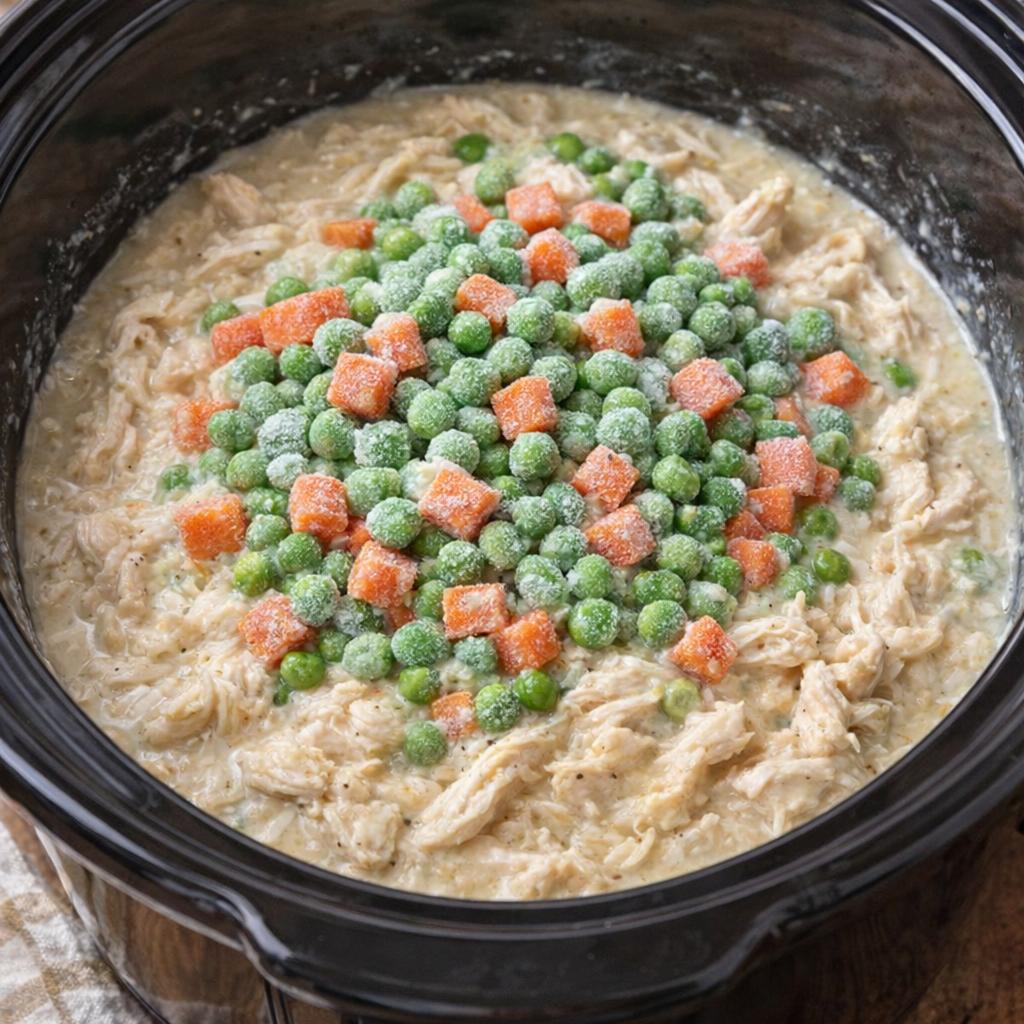 Peas and carrots scattered over creamy chicken mixture in a slow cooker