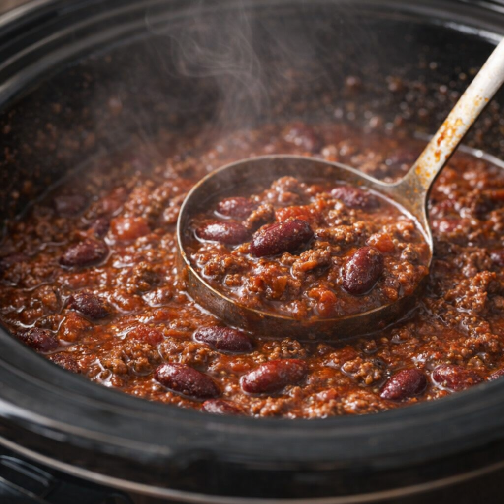Finished chili simmering in a slow cooker