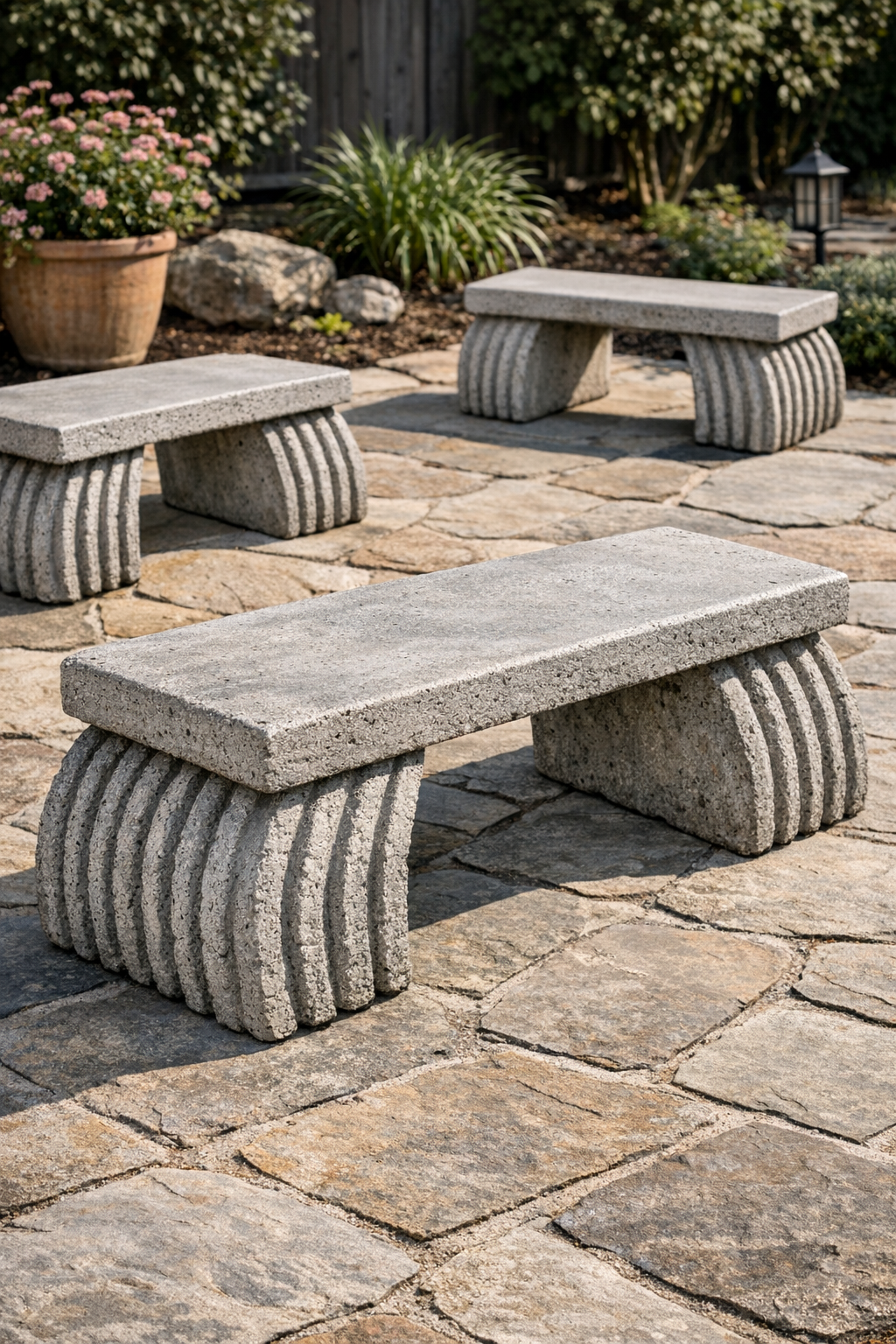 Finished ribbed cement patio benches