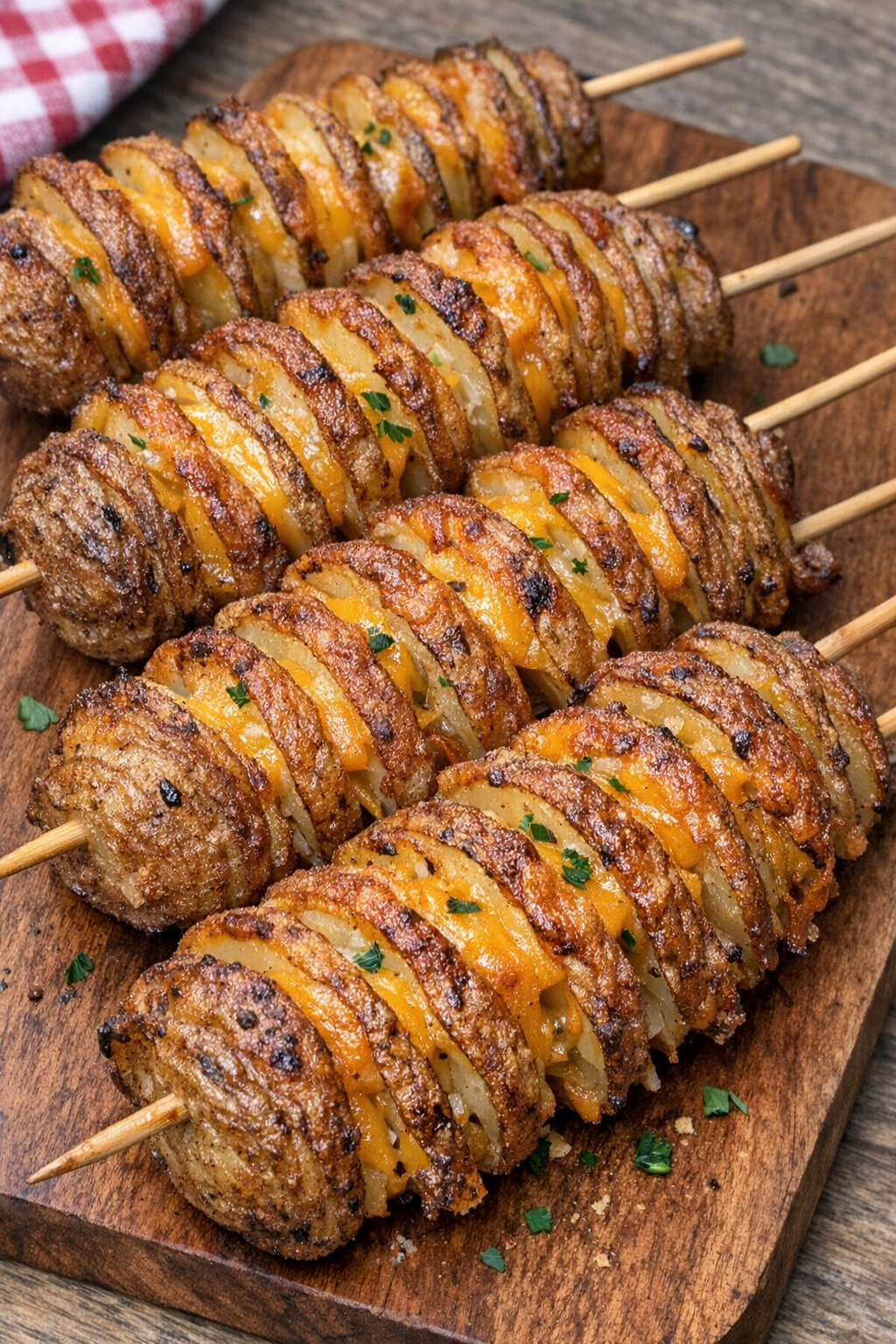 Spiral-cut cheesy potato skewers on a wooden board