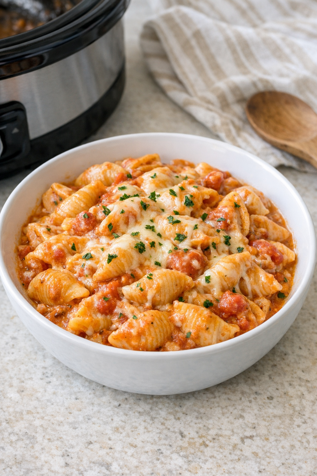 Finished slow cooker conchiglie pasta in a serving bowl