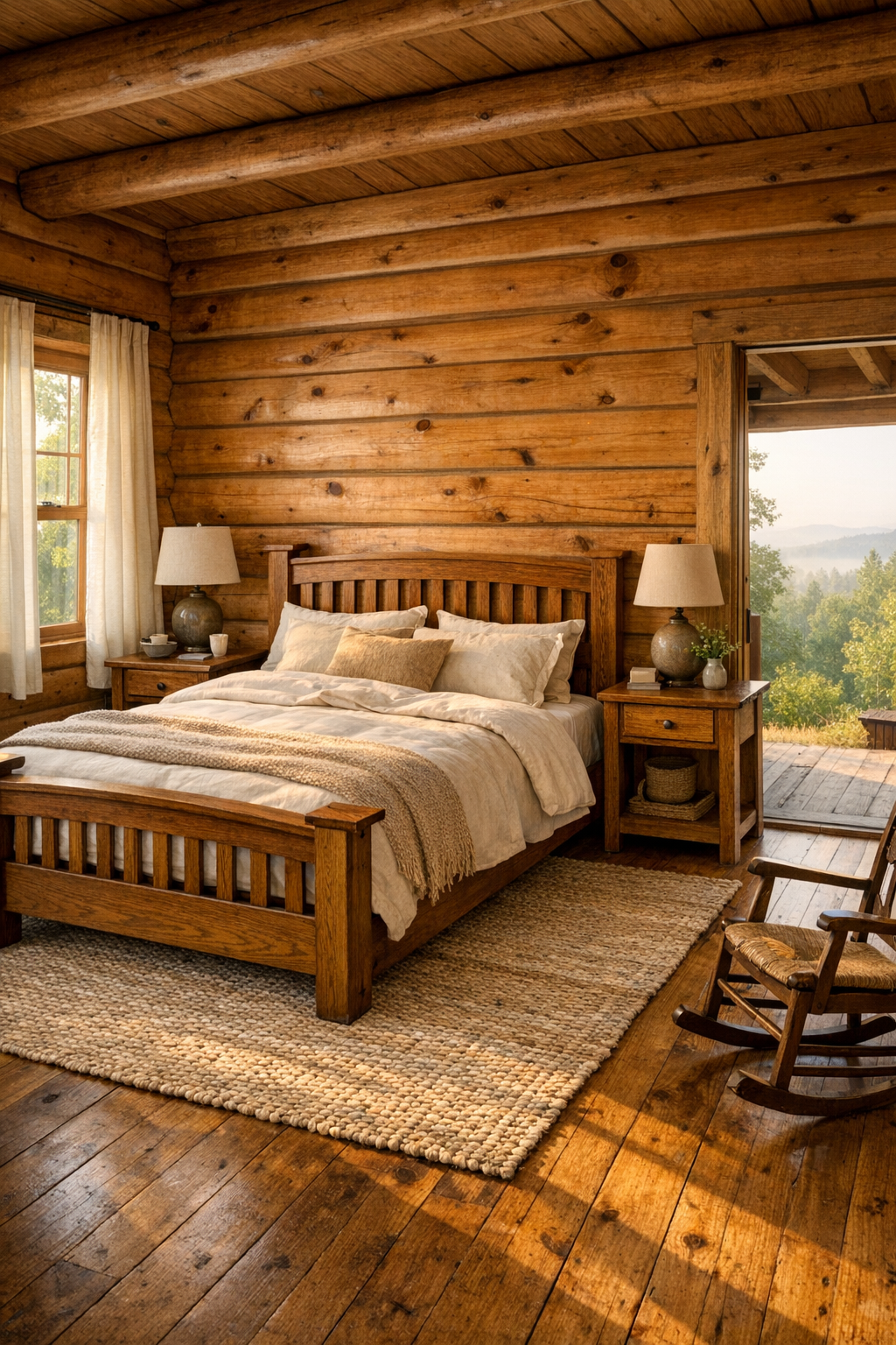 Cozy log home bedroom with Amish-made wood bed, quilted bedding, and soft natural light