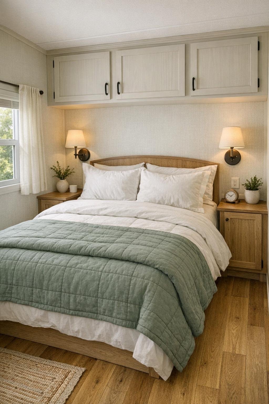 Peaceful small RV bedroom with built-in storage and soft layered bedding