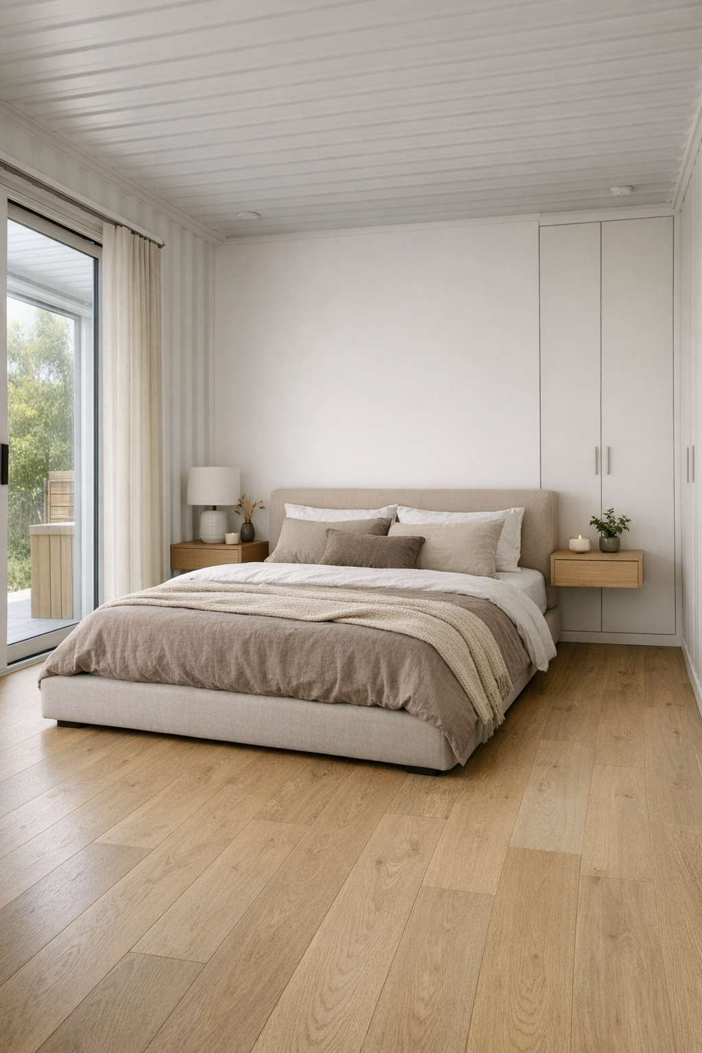 Calm bedroom with upholstered bed, floating nightstands, and soft neutral layers
