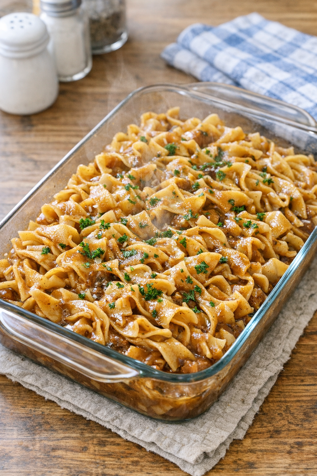 Finished baked brown gravy noodles in a baking dish