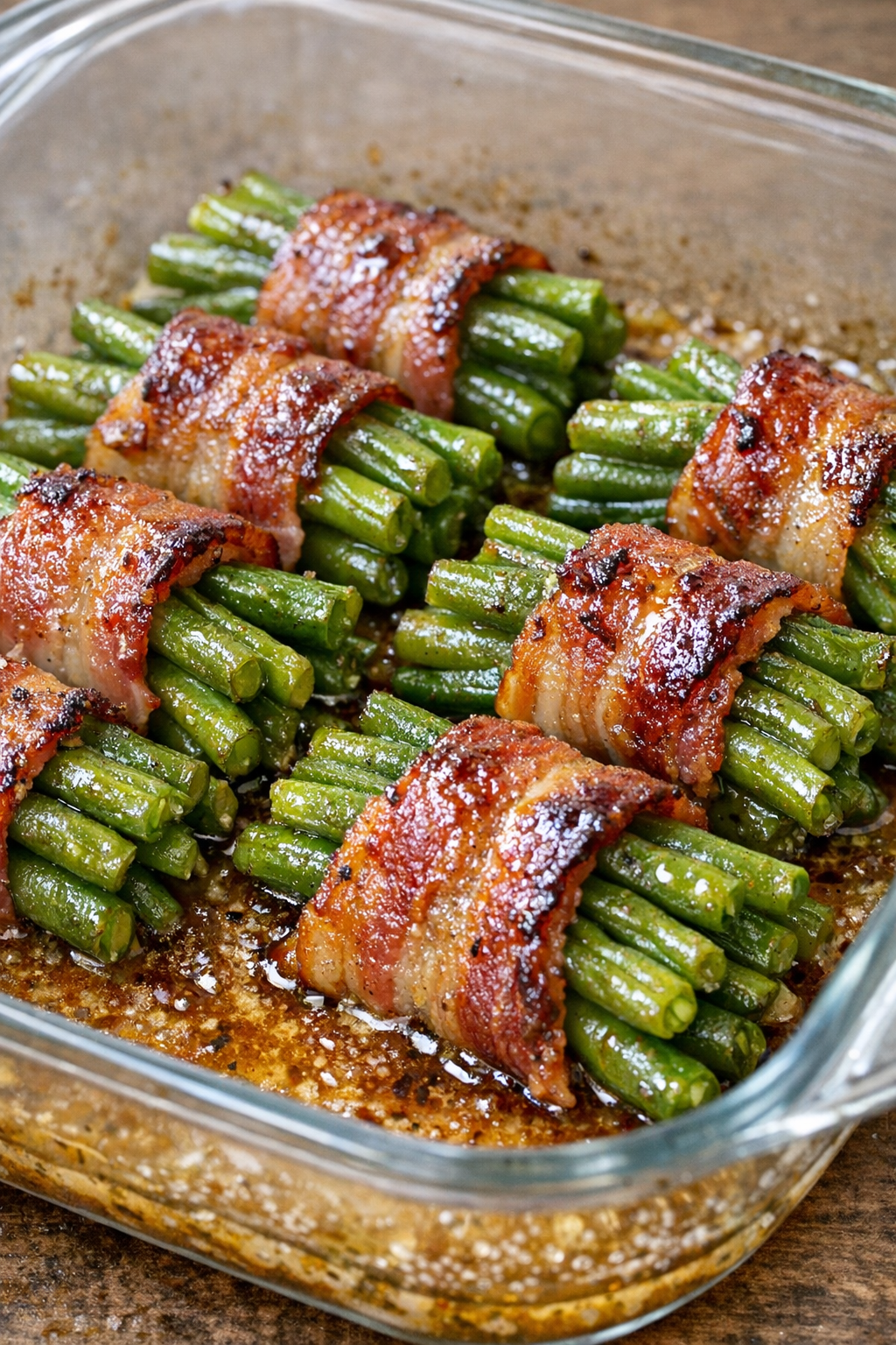 Southern 4-ingredient bacon green bean bundles in a glass casserole dish