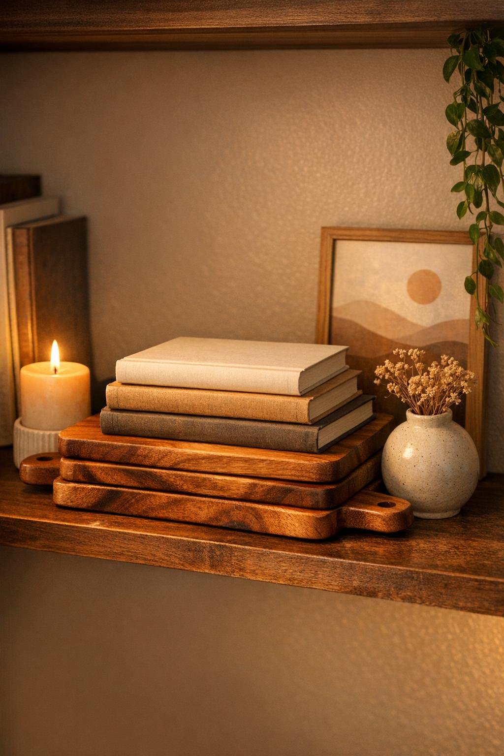 Finished stacked cutting board book risers styled on a living room shelf