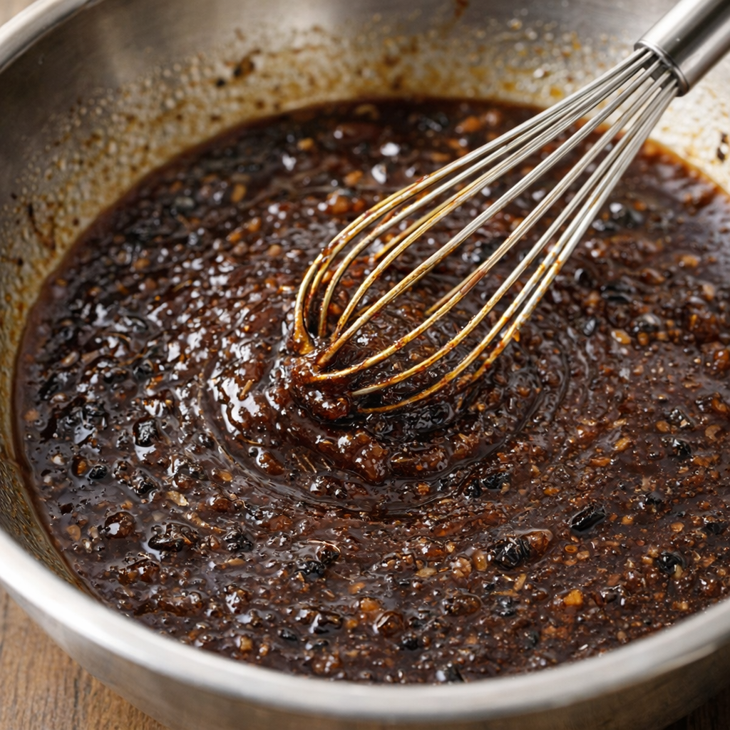 Dark Guinness sauce being whisked in a bowl