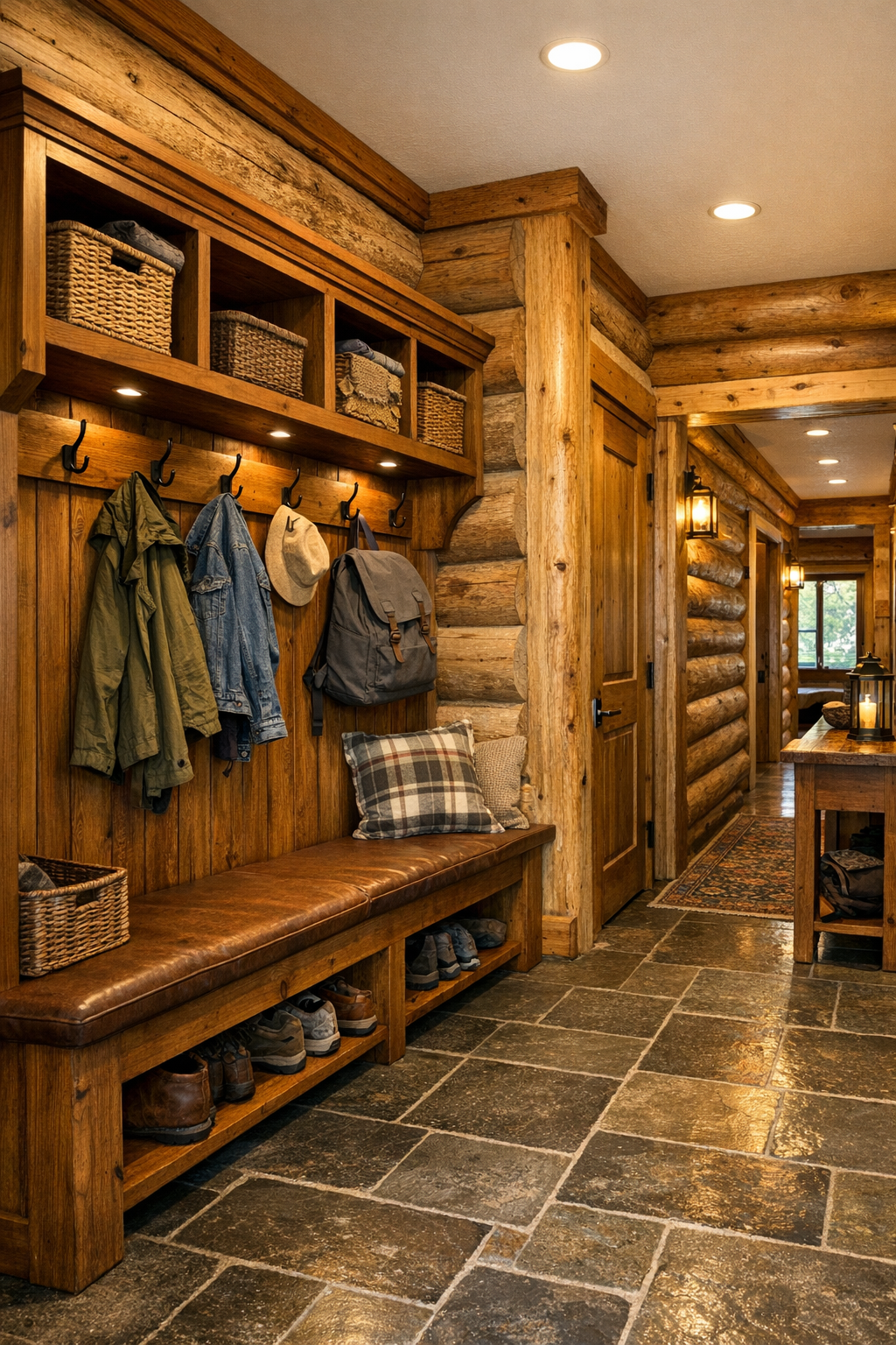 Functional mudroom and hallway with built-in wood storage and bench