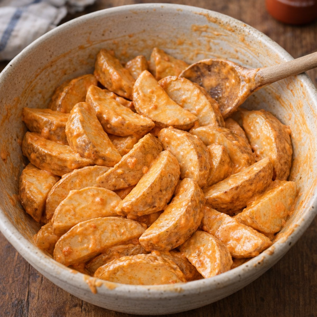 Mixing bowl of potato wedges coated in sriracha mayo on a country kitchen table