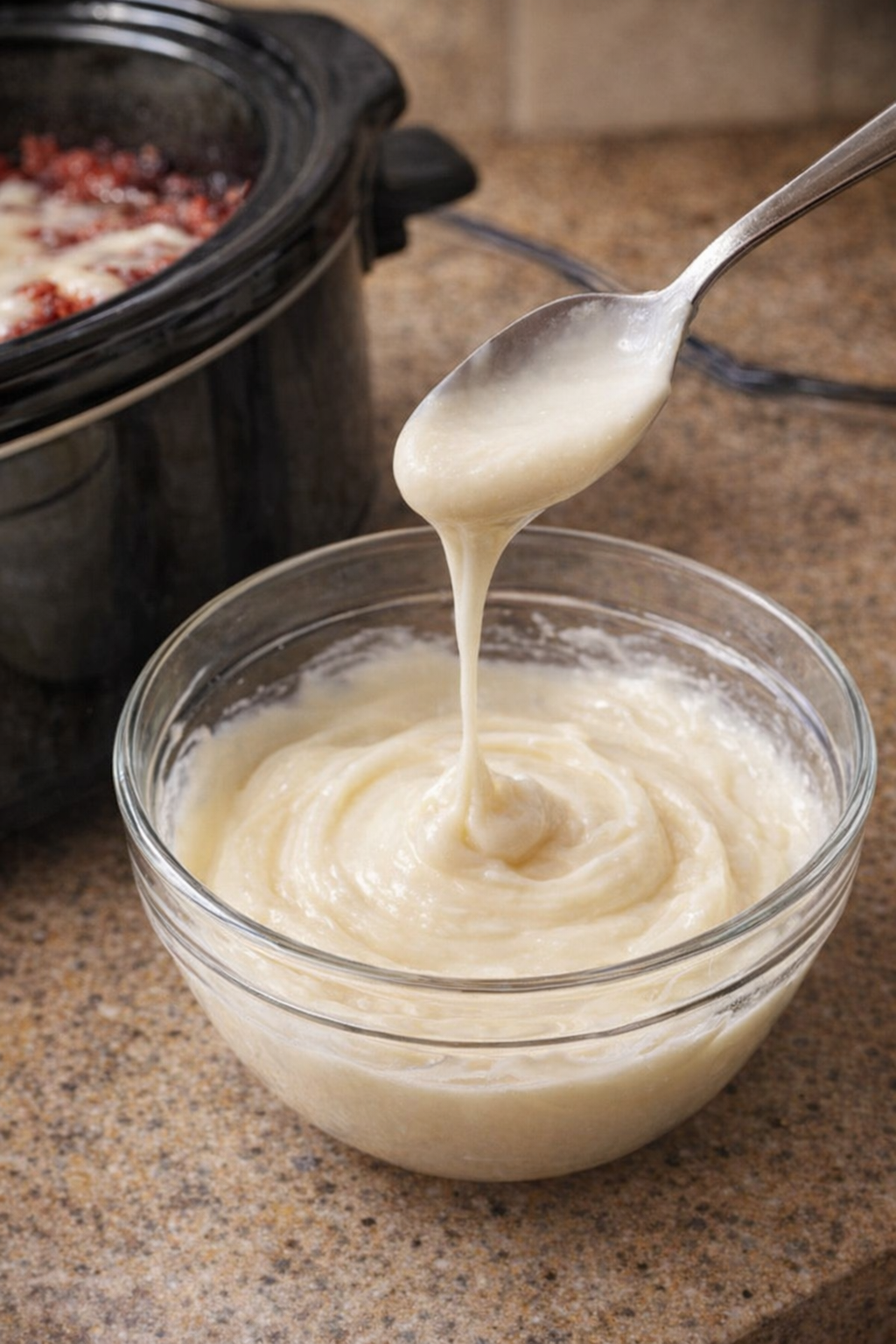Pourable cream cheese frosting in a bowl beside the slow cooker