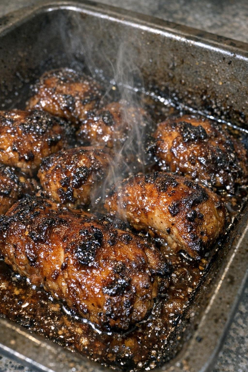Caramelized roasted protein in a dark metal baking pan