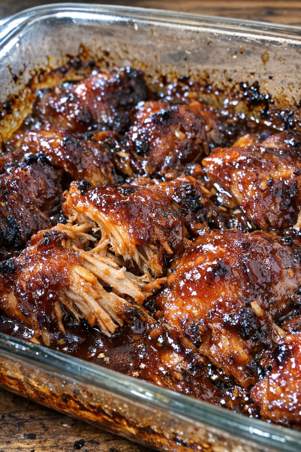 Close-up of the finished barbecue bake in a glass dish