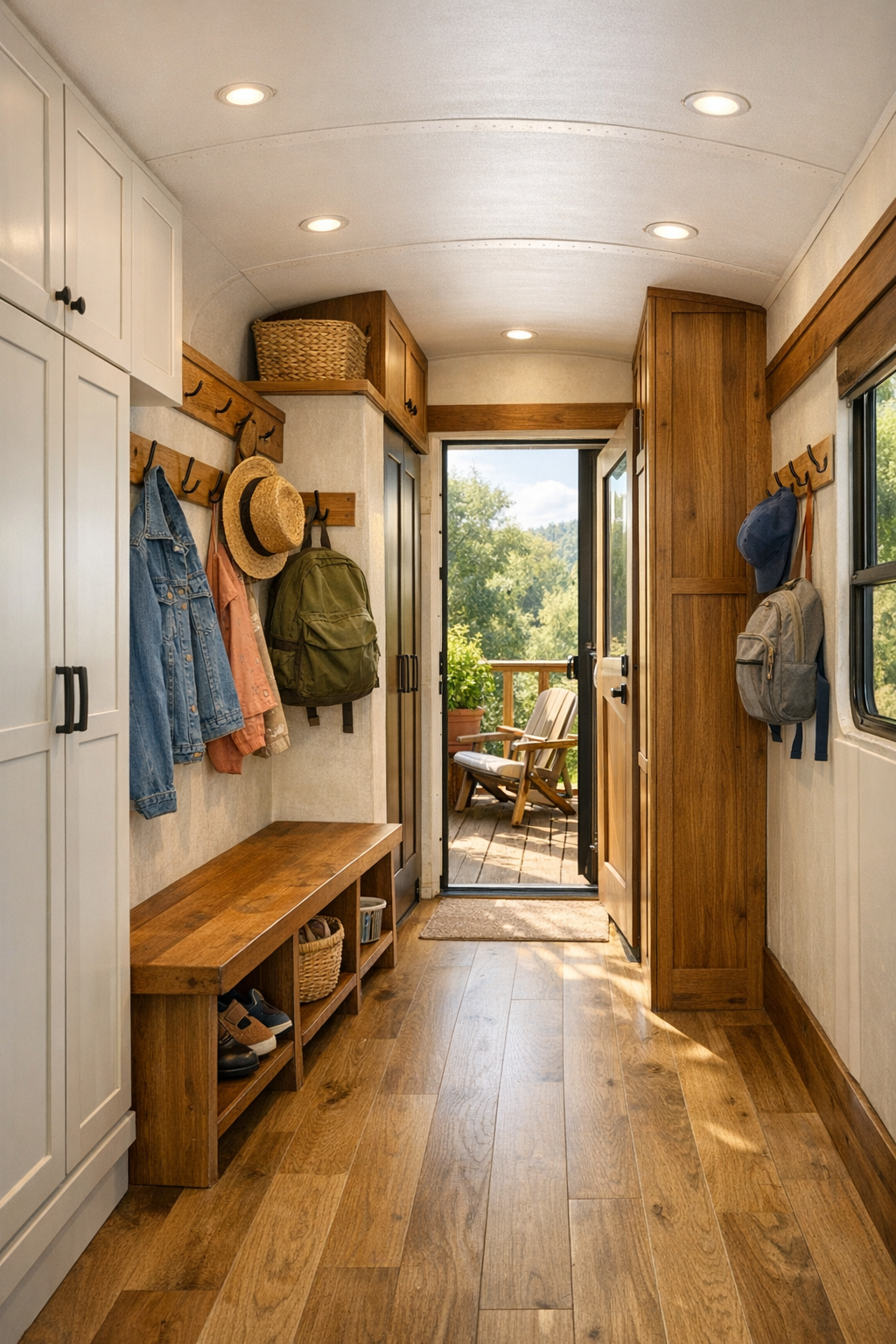 Bus entry and hallway with built-in storage, hooks, and rustic details