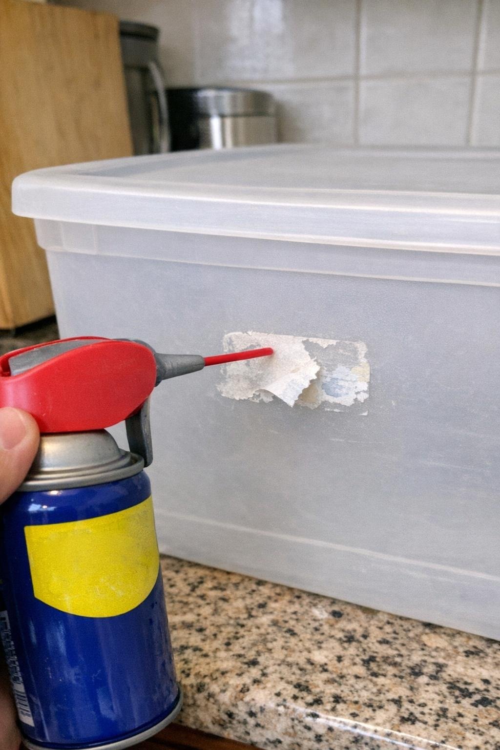 WD-40 removing a stubborn sticker from a household container