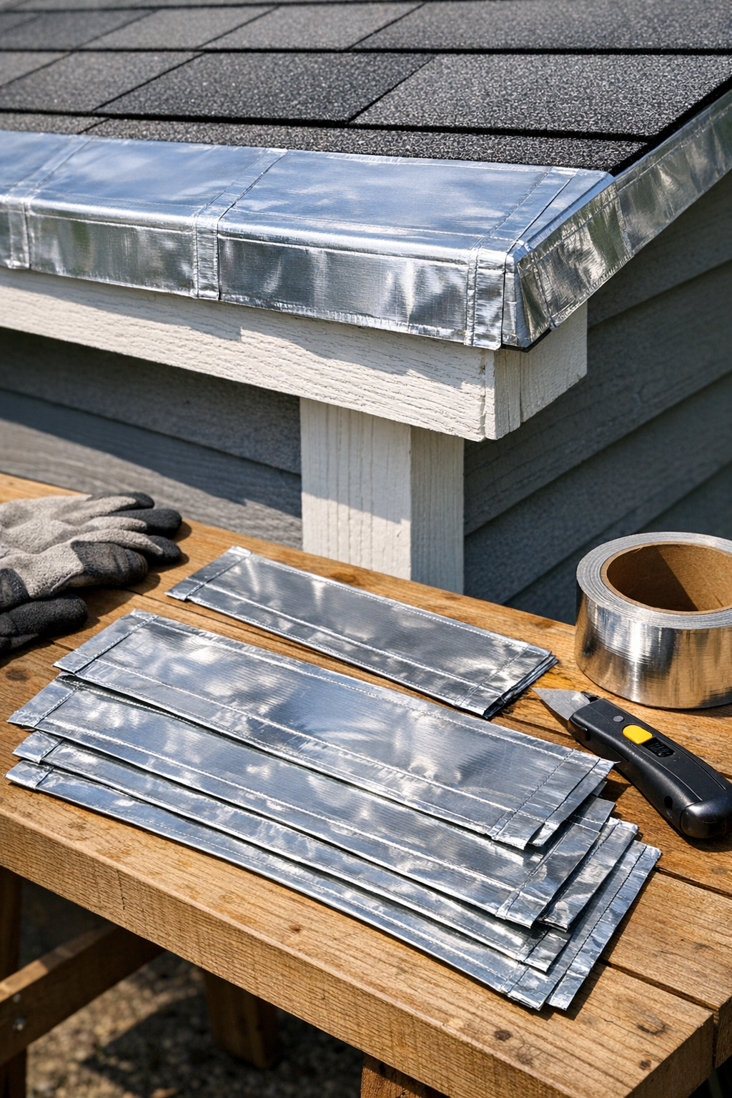 Finished homemade roof flashing strips made from empty toothpaste tubes