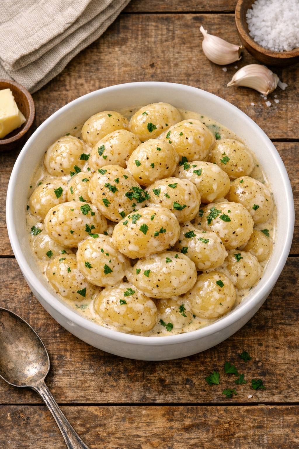 Finished Amish-style slow cooker potatoes in a serving bowl