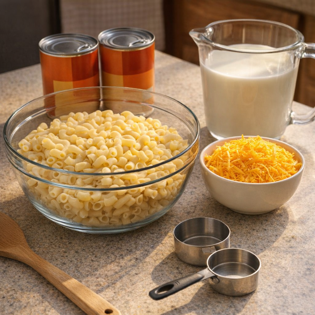 Simple macaroni ingredients arranged on a kitchen counter